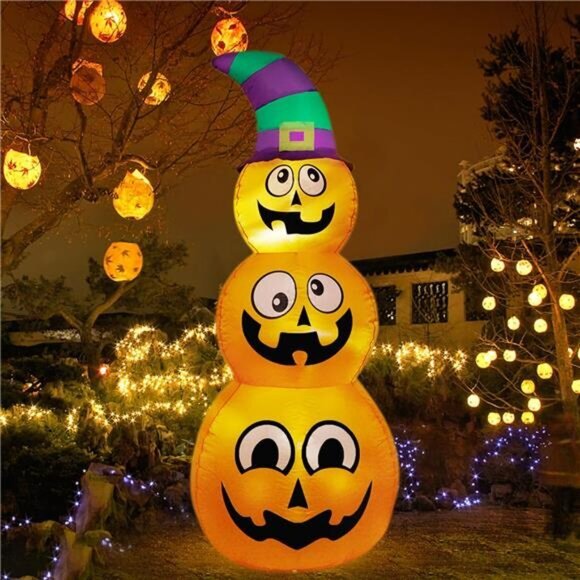 5 FT Halloween Inflatable Stacked Pumpkins w/ Witch Hat - LED Lighted Yard Decor - Picture 4 of 7